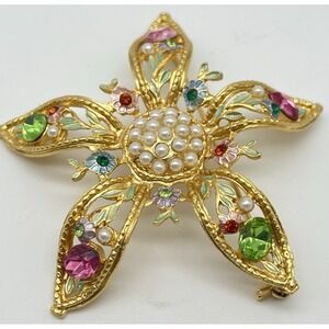 Vintage Rhinestone Pearl Brooch Signed Tiara Misu IV Pastel Flower Gold Toned